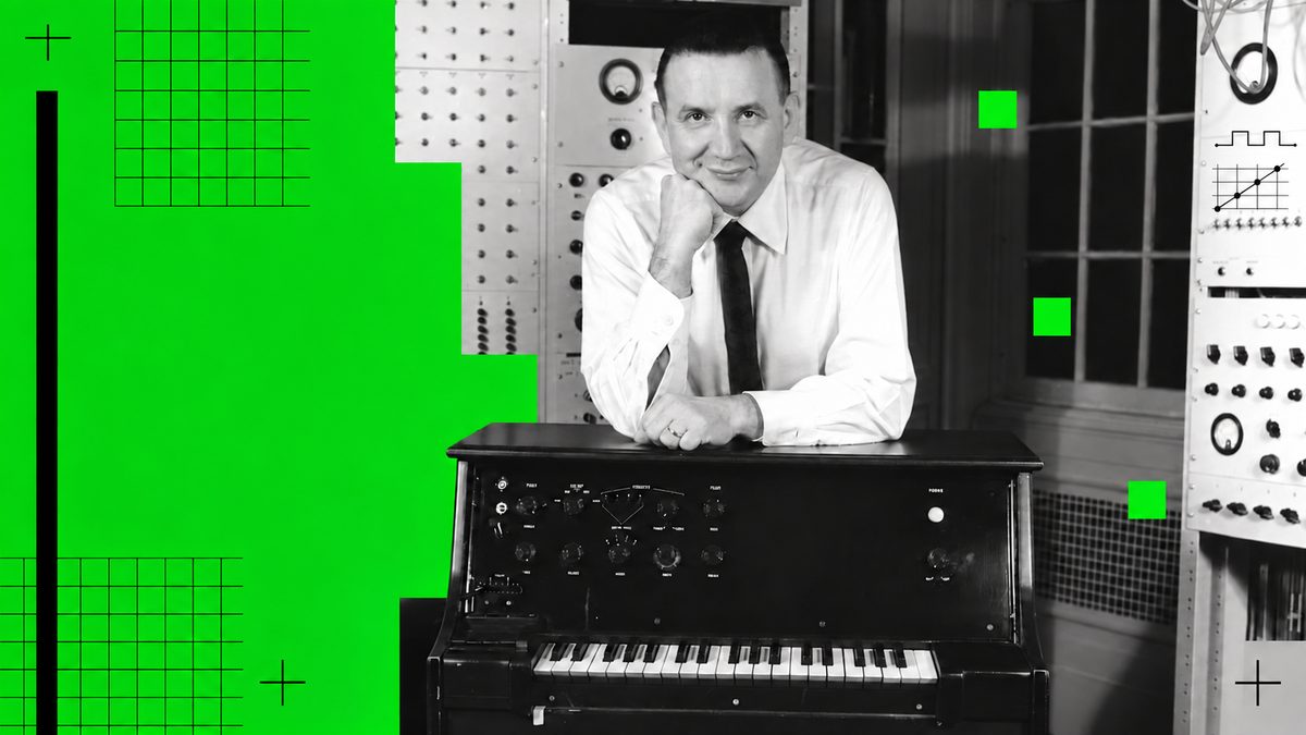 Raymond Scott leaning on his Clavivox, racks of studio equipment behind him. Black-and-white photograph with a green graphic field on the left.