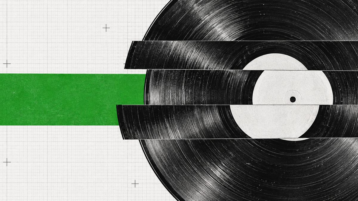 A black vinyl record sliced into horizontal strips and shifted out of line, a green band running into it, on graph paper.